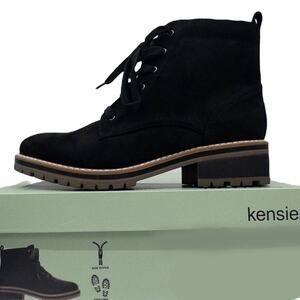 Kensie Black Lug Sole Lace Up Ankle Boots Side Zip Chunky Block Heel Micro Suede